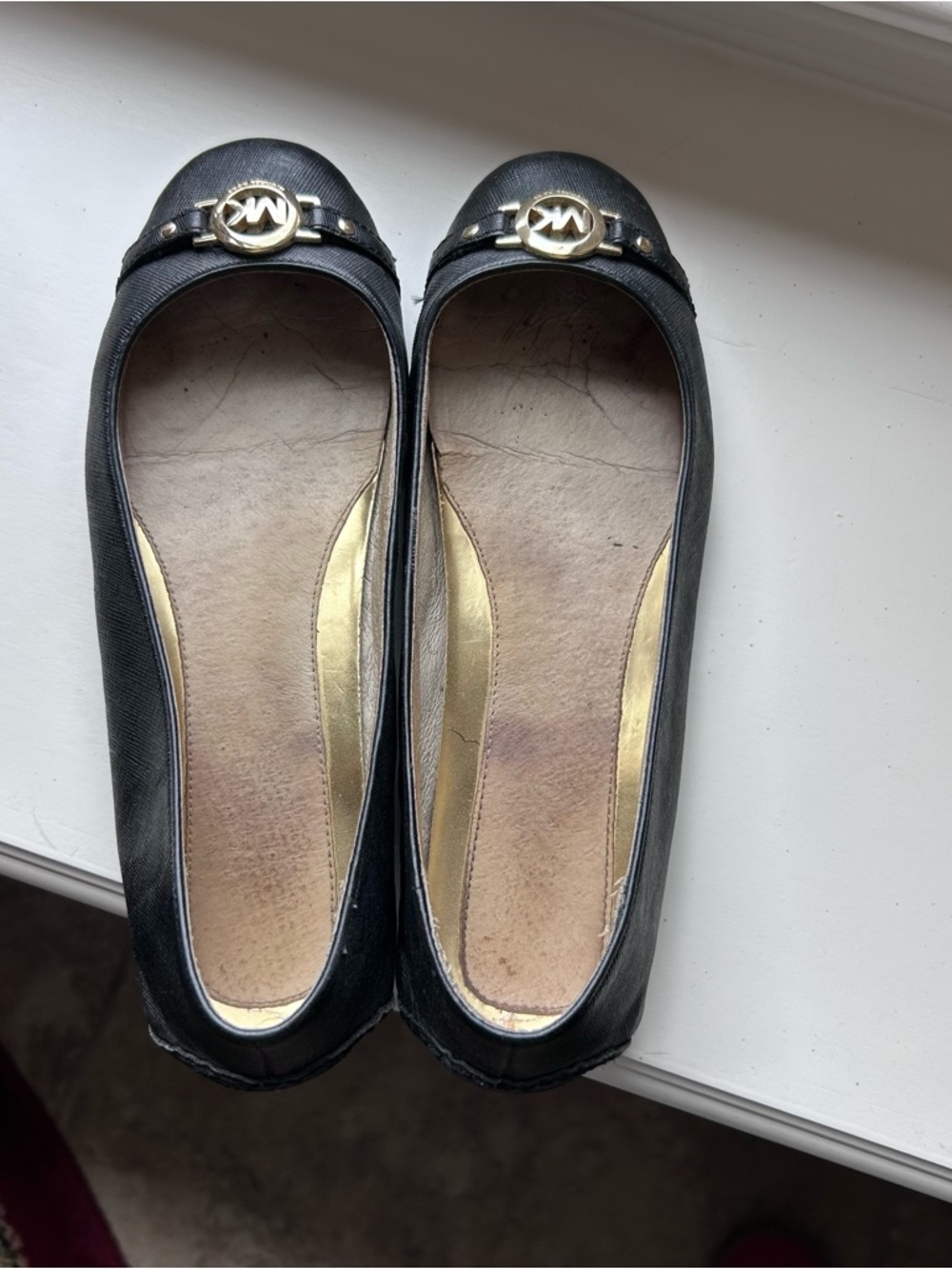 Michael Kors Black Leather Round-Toe Flats with Gold MK Accent